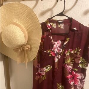 Floral Burgundy Top with Straw Hat